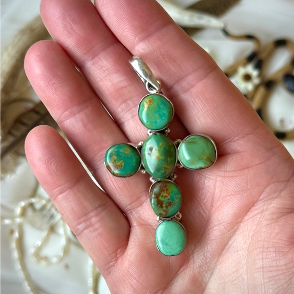 Native American Navajo Turquoise Stone  Sterling Silver Cross Pendant - Picture 9 of 9